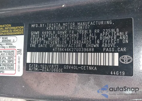 2007 Toyota Camry Le V6 from USA, damaged, VIN 4T1BK46K27U039688